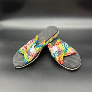 Vintage Woven Strap Slide Sandals 1980s Rainbow Black Flip Flop Size Med 7-7.5